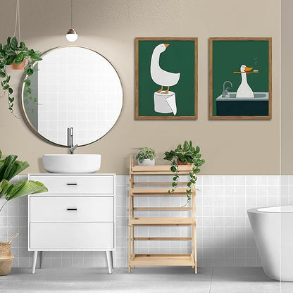 Framed Silly Goose Wall Art Bathroom Art Wall Decor Set of 3, Funny Gooses Poster Print, Dark Green Nursery Decor, Cute Animal Pictures Canvas for Kids Bathroom Washroom – 16x24 inch