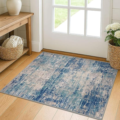 KILOCOCO Abstract Small Area Rug 2x3 Entryway Rug Washable Kitchen Rugs Door Mat Indoor Entrance Soft Pinted Non Slip Throw Rugs for Front Door Foyer Farmhouse Floor Mats, Blue/Grey/Beige
