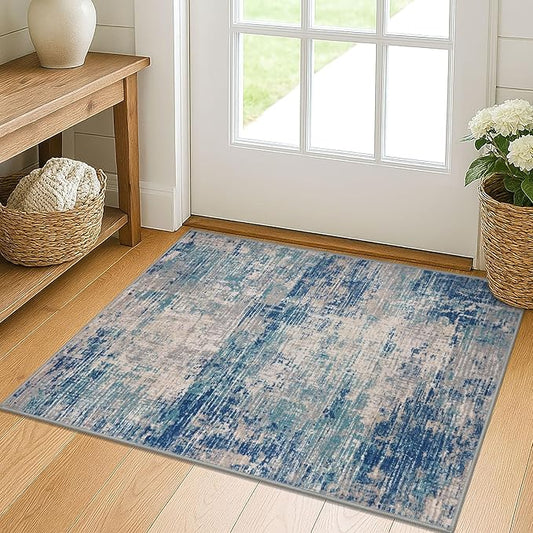 KILOCOCO Abstract Small Area Rug 2x3 Entryway Rug Washable Kitchen Rugs Door Mat Indoor Entrance Soft Pinted Non Slip Throw Rugs for Front Door Foyer Farmhouse Floor Mats, Blue/Grey/Beige