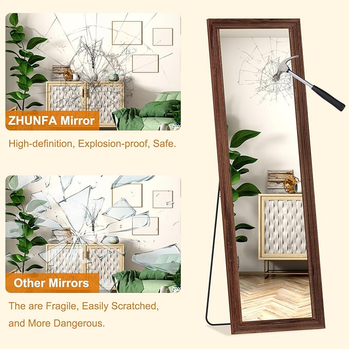 ZHUNFA Full Length Mirror,65x22 Inch Full Length Mirror Wall Mounted,Vertical Hanging,Leaning Standing for Bedroom,Living Room,Rectangular Wooden Frame,Wood Brown Color.