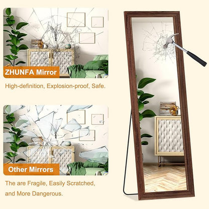 ZHUNFA Full Length Mirror,65x22 Inch Full Length Mirror Wall Mounted,Vertical Hanging,Leaning Standing for Bedroom,Living Room,Rectangular Wooden Frame,Wood Brown Color.