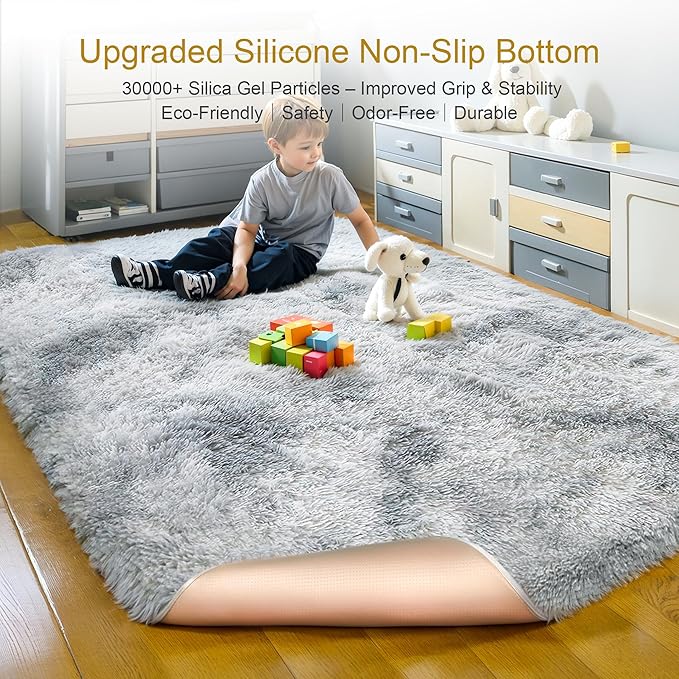 KICHOWUA Thick Area Rug Light Grey Fluffy 4x6 for Bedroom, Soft Shag Comfy Washable Rug for Living Room Dorm Kids Baby Nursery, Plush Shaggy Non-Slip Fuzzy Carpet, Tie Dye Gray