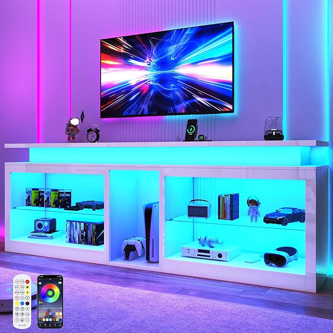 80" LED TV Stand with Power Outlet,60-Colors LED Lights For 80 85 90in TV,High Gloss Gaming Entertainment Center w/Adjustable Shelves,White TV Console with Modern Design for Living Room Bedroom