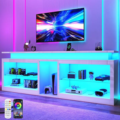 80" LED TV Stand with Power Outlet,60-Colors LED Lights For 80 85 90in TV,High Gloss Gaming Entertainment Center w/Adjustable Shelves,White TV Console with Modern Design for Living Room Bedroom