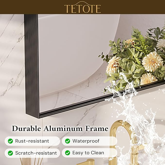 TETOTE 60" x 36" Black Bathroom Mirror, Matte Black Rectangle Framed Vanity Mirror for Bathroom Sink, Tempered Glass, Modern Farmhouse Wall Mirrors for Living Room, Bedroom, Entryway