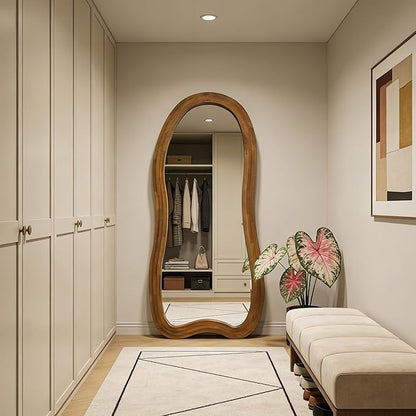 Irregular Floor Mirror, 67"x31.5" Large Wavy Mirrors with Triple Layer Solid Wood Frame, Premium Asymmetrical Full Length Mirror for Living Room Entryway Hallway Bedroom, Leaning/Hanging