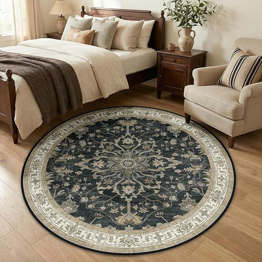 RELEANY Area Rugs Round 5ft Washable Non-Slip, Floral Vintage Distress Print Pattern Medallion Carpet for Living Room Bedroom Dining Room, Vintage Black Brown Neutral
