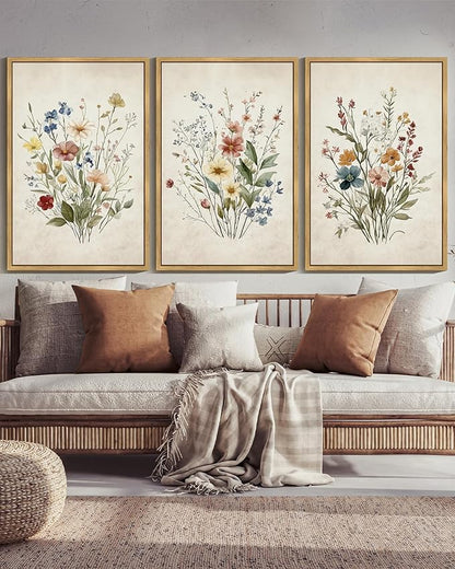 Drsoum Vintage Flower Bouquet Framed Retro Wildflower Botanical Pictures Prints Modern Colorful Floral Rustic Artwork Bedroom Living Room Ready to Hang 24x36in Natural Framed