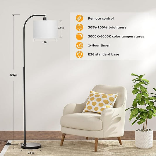 Ambimall Arc Floor Lamp with Remote and Stepless Dimmable Bulb, Colors Temperature & Brightness Adjustable, Floor Lamps for Living Room（White Shade & Black Pole）