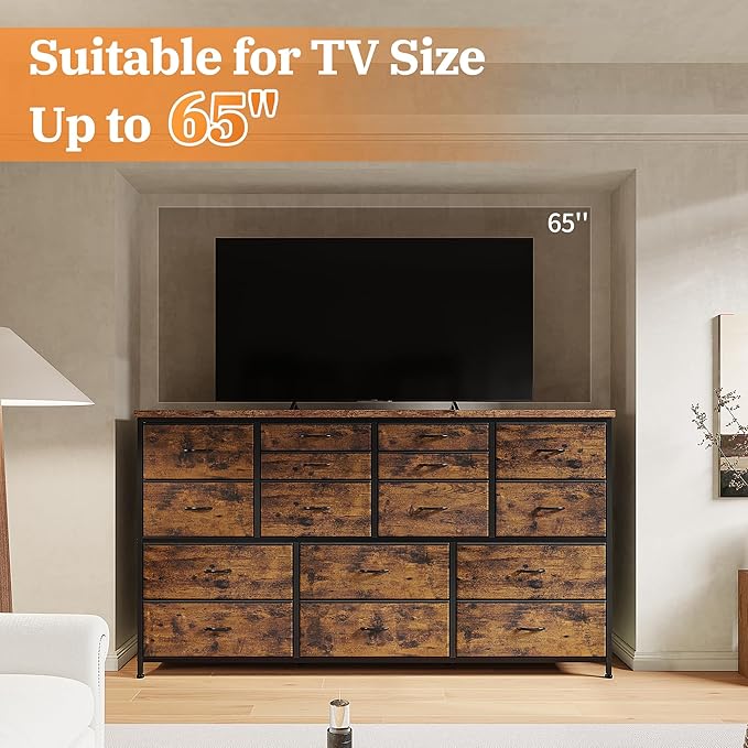 16 Drawers Long Dresser for Bedroom, 51"W Dressers with Power Outlets for 60"Inch TV for Living Room, Entertainment Center with Storage, Media TV Stand Console Table 51.1''W*11.8''D*34.8''H, Brown