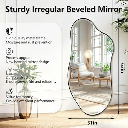 POZINO Large Irregular Beveled Mirror, 63"x31.5" Premium Asymmetrical Wall Mirror with Metal Frame, Organic Shaped Mirrors for Living Room Bedroom Hallway Entryway, Horizontal/Vertical Hanging