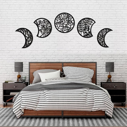 Jetec 5 Pcs Moon Phase Wall Art Decor Wall Pediments Hanging Wooden Phase Spiritual Bedroom Nordic Boho Lunar Aesthetic Art for Living Room Dorm Apartment Ornament(Dark Black,15.75 Inch,Botanical)