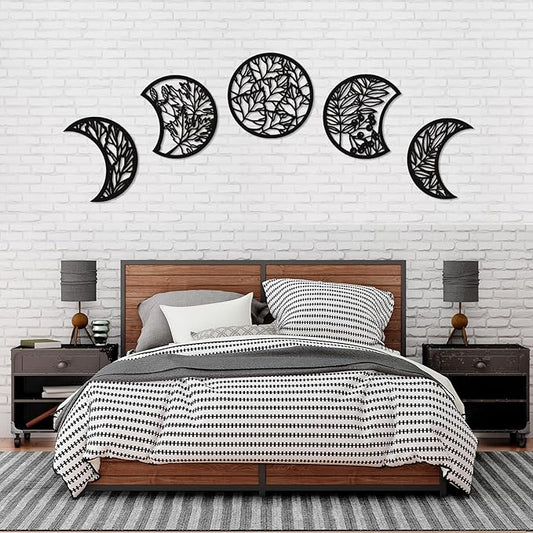 Jetec 5 Pcs Moon Phase Wall Art Decor Wall Pediments Hanging Wooden Phase Spiritual Bedroom Nordic Boho Lunar Aesthetic Art for Living Room Dorm Apartment Ornament(Dark Black,15.75 Inch,Botanical)