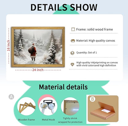 Vintage Christmas Canvas Wall Art, Wood Framed Santa Claus Wall Decor Painting, Rustic Farmhouse Winter Snow Scene Poster Print Picture 16x24 inch, Best Holiday Decor for Living Room Bedroom Home