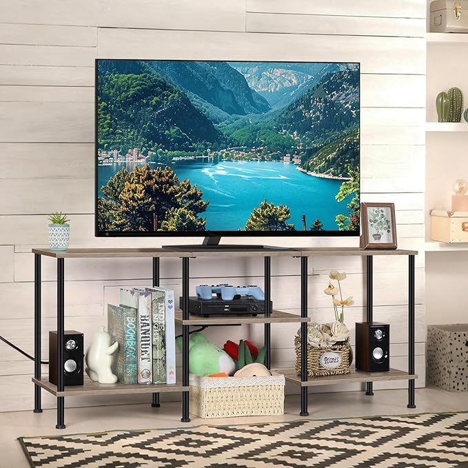 50 Inch TV Stand with Power Outlet Small Entertainment Center with Storage 3 Tier TV Consoles for Living Room Bedroom Office, Farmhouse TV Media Console Table for 50 43 40 32 Inch TV, Rustic Grey