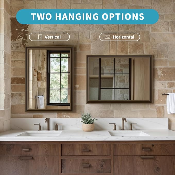 Retro Copper Effect Framed Wall Mirror, 20x30 Rectangle Mirror, Anti-desilvering Tempered Glass, Sustainable& Sturdy Frame, Farmhouse Mirror, Anti-Rust, 3min Fast Setup for Bathroom Living Room