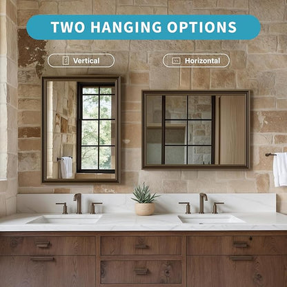 Retro Copper Effect Framed Wall Mirror, 24x32 Rectangle Mirror, Anti-desilvering Tempered Glass, Sustainable& Sturdy Frame, Farmhouse Mirror, Anti-Rust, 3min Fast Setup for Bathroom Living Room
