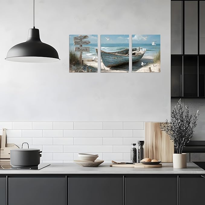 TutuBeer 3 Pcs Coastal Bathroom Canvas Wall Art Nautical Boat on Beach Canvas Picture Ocean Seagull Seascape Prints for Wall Sea Bird Farmhouse Artwork for Bedroom Living Room Decor Each Panel 12"x24"