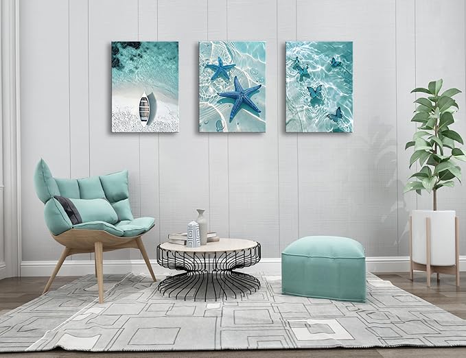 weiyiart Blue Ocean Canvas Wall Art Coastal Starfish Painting Prints Beach Nature Picture Butterfly Artwork for Home Kitchen Bathroom Living Room Wall Decor Ready to Hang 12"x16"x3pcs