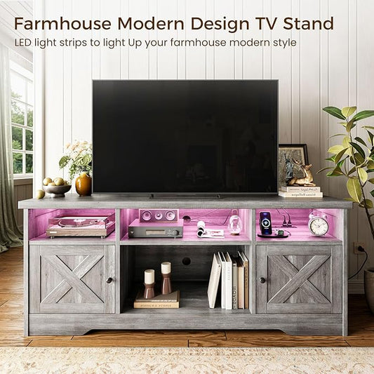 Casaottima TV Stand for 65 Inch TV, Farmhouse Entertainment Center with Power Outlet & LED Light and Storage Cabinets, Console Table and Media Furniture for Living Room Bedroom, Gray Oak