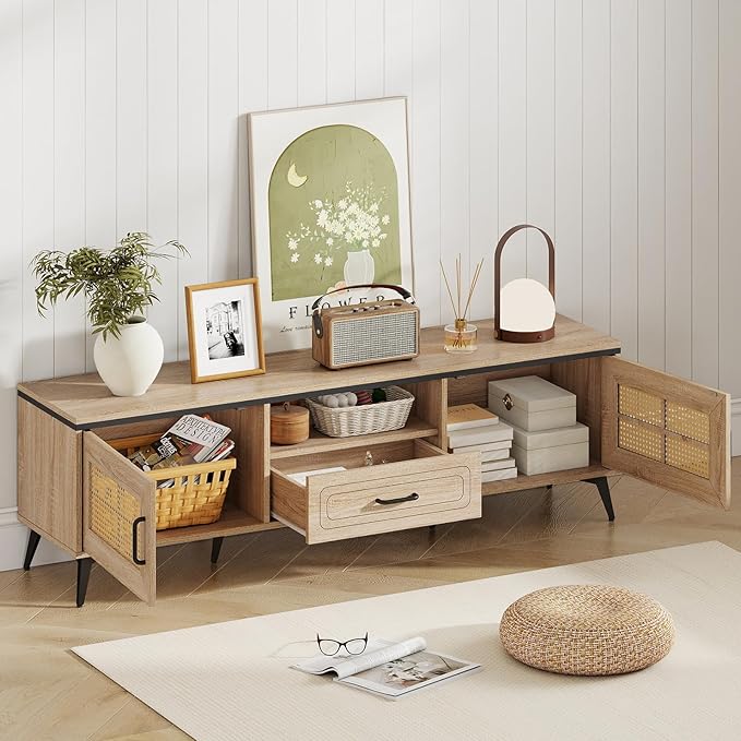 Giantex TV Stand for 60/65 Inch TV, Boho Entertainment Center with Storage Cabinets, Drawer and Rattan Doors, Wooden Media TV Console Table for Living Room, Bedroom, Entryway