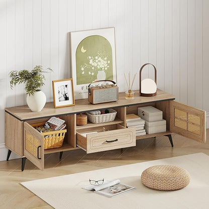 Giantex TV Stand for 60/65 Inch TV, Boho Entertainment Center with Storage Cabinets, Drawer and Rattan Doors, Wooden Media TV Console Table for Living Room, Bedroom, Entryway