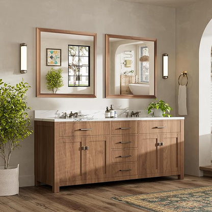 36x36 Inch Bathroom Mirror for Wall, Anti-Rust Walnut Wood Grain Metal Framed Bathroom Mirrors for Over Sink,Rectangler Mirrors for Bathroom Vanity, Farmhouse, Bedroom, Living Room, Entryway Decor