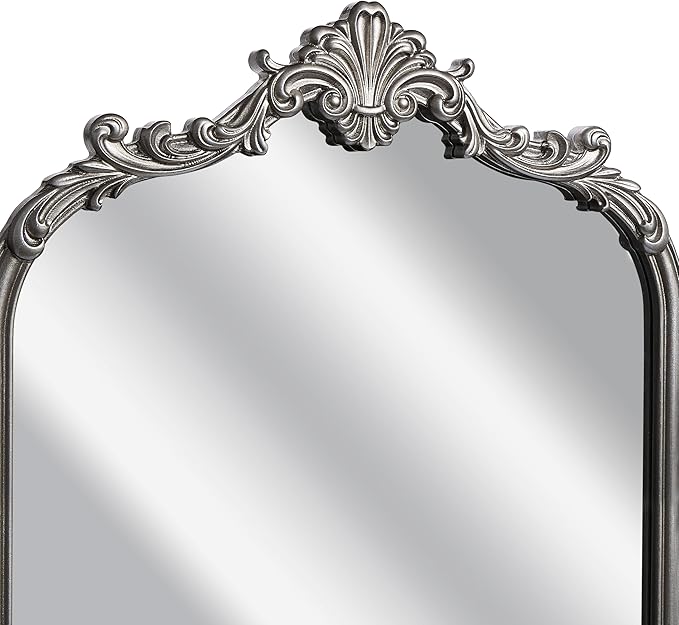 Wylde Iris English Estate Carved Arch Wood Wall Mirror, Mirror for Entryway, Living Room, Bathroom, Antique Silver, 20.4x33