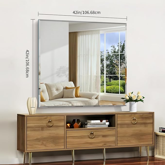 CILIBER Beveled Mirror, 42x42 Inch Frameless Bathroom Mirrors for Wall, 3mm Tempered Glass, Upgraded Shatterproof Square Vanity Mirror Over Sink for Bathroom, Bedroom, Living Room and Entryway