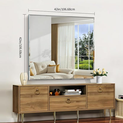 CILIBER Beveled Mirror, 42x42 Inch Frameless Bathroom Mirrors for Wall, 3mm Tempered Glass, Upgraded Shatterproof Square Vanity Mirror Over Sink for Bathroom, Bedroom, Living Room and Entryway