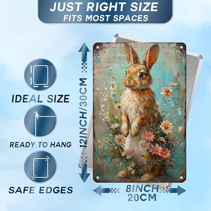 Vintage Easter Decor Farmhouse Rabbit Metal Sign Floral Design Rustic Wall Art For Home Kitchen Cafe Country Style Aluminum Plaque 8x12Inch