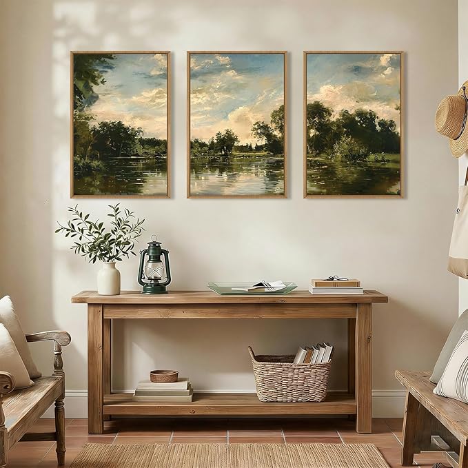 Aryroi Vintage Landscape Framed Canvas Wall Art Set,Rustic Natural Green Trees and Lake Wall Decor,Classic Nature Scenic French Country Forest Artwork for Living Room,Bedroom,Farmhouse-16 x24 x3