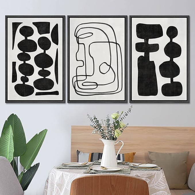 SIGNLEADER Framed Canvas Print Wall Art Set Retro Mid-Century Boho Duotone Collage Abstract Shapes Illustrations Minimal Decorative Bohemian Nordic for Living Room, Bedroom, Office - 24"x36"x3 Black