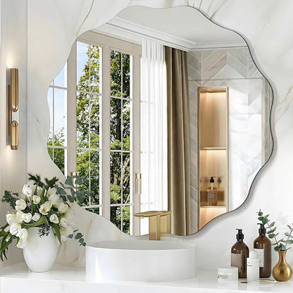 CILIBER Frameless Wavy Round Mirror, 30'' Scalloped Circle Wall Mirror, 3mm Tempered Glass Decorative Bathroom Vanity Mirror, Mounting/Leaning for Mantel, Living Room, Bedroom and Entryway