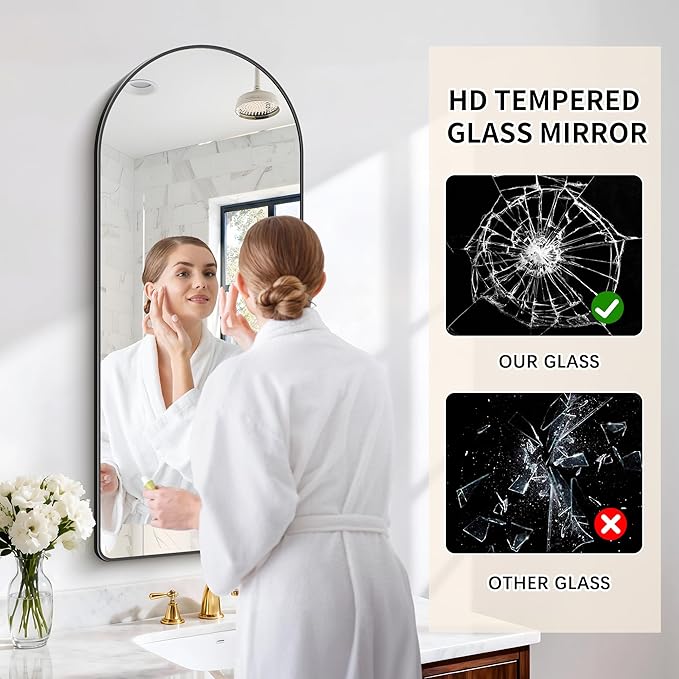 FORBATH Large Arched Wall Mirror 48x20 Inch, Black Arch Bathroom Mirror with Aluminum Frame, Arched Mirror for Dresser, Fireplace,Entryway,Home Decor,Hanging or Leaning Against Wall
