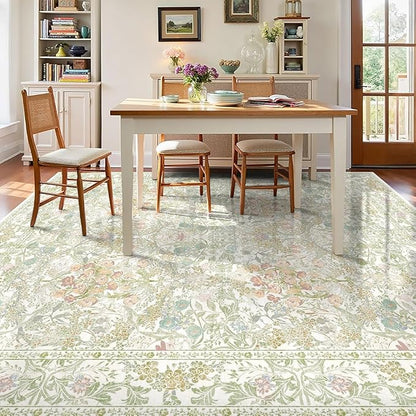Washable Sage Green Living Room Area Rug 6x9, Boho Botanical Area Rug for Bedroom, Kitchen Table, Nursery, Home Office - Low Pile Non-Slip Vintage Carpet - Soft Farmhouse Accent Mat
