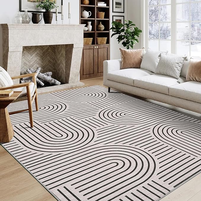 ROYHOME Washable Rug 8x10 Area Rugs for Living Room, Abstract Rug for Bedroom, Soft Rainbow Non Slip Rugs with Rubber Back, Low Pile Stain Resistant Boho Geometric Carpet for Dining Room, Light Camel