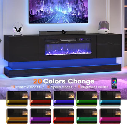 WelFurGeer 36" Electric Fireplace TV Stands with LED Lights, High-Gloss Modern Media Console Table for TV up to 75", Black Fireplace TV Stand with Storage, Entertainment Center for Living Room