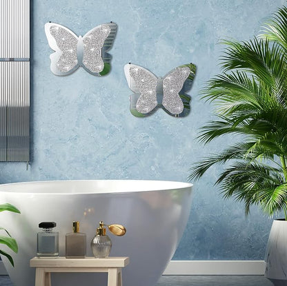 Vesici 2 Pieces Butterfly Shaped Mirror Crystal Crushed Diamond Silver Mirror Silver Wall Decor for Living Room Modern Decorative Artwork for Nursery Wedding Decor(11.8 x 8.8 Inch)