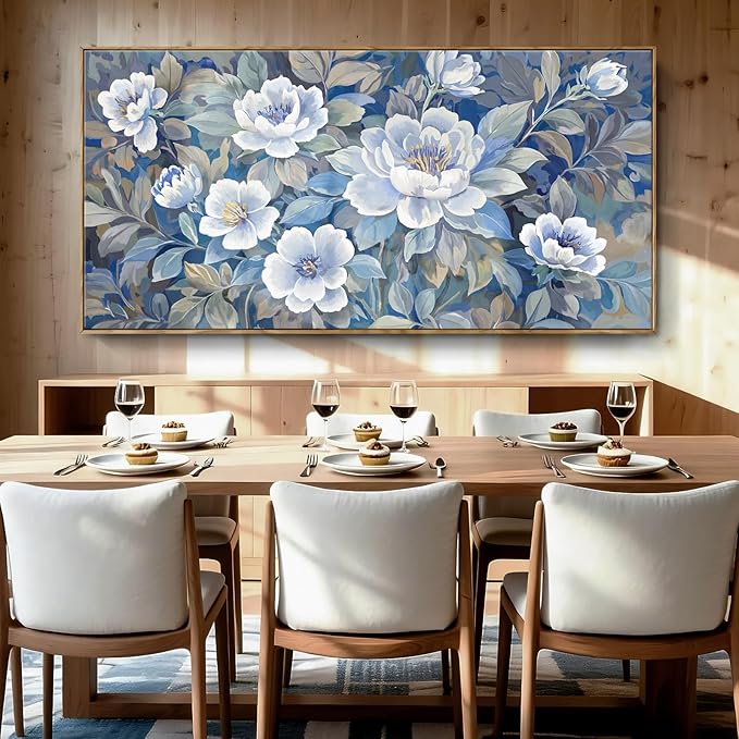 Large Framed Blue Gray And White Plant Wall Art For Living Room, Natural Plant Canvas Print Paintings Artwork For Walls, Elegant Floral Pictures For Bedroom Kitchen And Lounge Wall Decor58X29 In