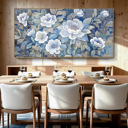 Large Framed Blue Gray And White Plant Wall Art For Living Room, Natural Plant Canvas Print Paintings Artwork For Walls, Elegant Floral Pictures For Bedroom Kitchen And Lounge Wall Decor58X29 In