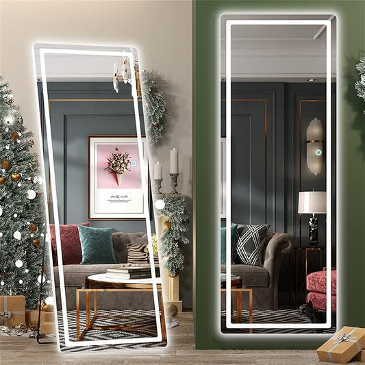 Hasipu Full Length Mirror with Lights, 65" x 22" LED Floor, Full Body Dressing Standing, Hanging Mounted Mirror, Round White
