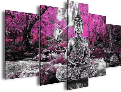 AWLXPHY Decor Buddha Waterfall Wall Art Canvas Painting Framed 5 Panels for Living Room Decoration Modern Landscape Buddha Trees Zen Stretched Artwork Giclee (Purple, 40"x20")