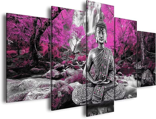 AWLXPHY Decor Buddha Waterfall Wall Art Canvas Painting Framed 5 Panels for Living Room Decoration Modern Landscape Buddha Trees Zen Stretched Artwork Giclee (Purple, 40"x20")