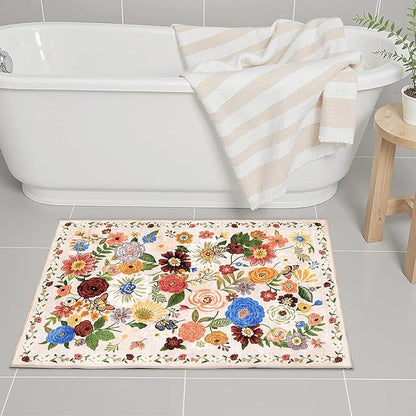 Area Rugs 24x17 Inch Home Decor Entry Rug, Small Door Mat Bath Mats for Bathroom, Ultra-Thin Non Slip Floral Rug Low Pile Tub Mat for Sink Shower Doorway Tub Kitchen Sink(2 x 1.4 ft, Beige)