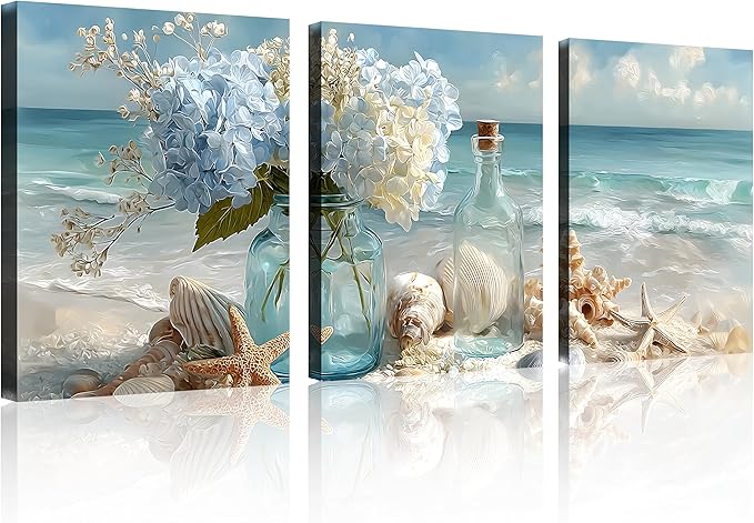 TutuBeer 3 Pcs Blue Ocean Beach Bathroom Canvas Wall Art Seaside Seashell Painting Print Artwork Starfish with White Flower Coastal Bathroom Canvas Wall Art for Living Room Bedroom Bathroom 12"x16"