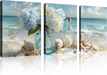 TutuBeer 3 Pcs Blue Ocean Beach Bathroom Canvas Wall Art Seaside Seashell Painting Print Artwork Starfish with White Flower Coastal Bathroom Canvas Wall Art for Living Room Bedroom Bathroom 12"x16"