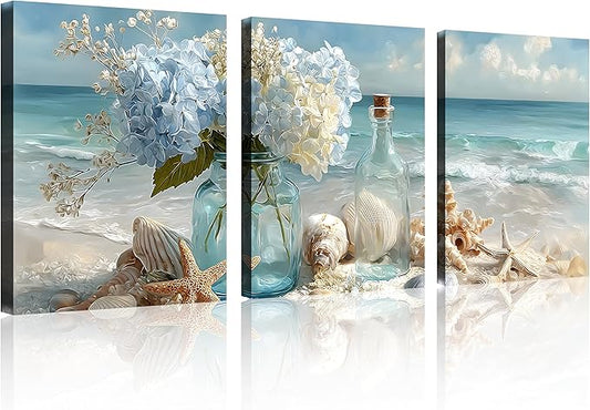 TutuBeer 3 Pcs Blue Ocean Beach Bathroom Canvas Wall Art Seaside Seashell Painting Print Artwork Starfish with White Flower Coastal Bathroom Canvas Wall Art for Living Room Bedroom Bathroom 12"x16"