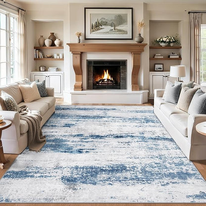 6x9 Area Rugs for Living Room - Washable Rug Modern Abstract Soft Large Neutral Non-Slip Carpet Indoor Floor Thin Carpets for Bedroom Dining Room Farmhouse Nursery Home Office White Blue Grey