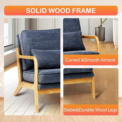 MALOL Accent Chair Set of 2 with Solid Wood Frame, Mid-Century Relaxing Armchair Lumbar Pillow& Soft Cushion, Reading Leisure Chair for Living Room, Bedroom, Waiting Room-Blue